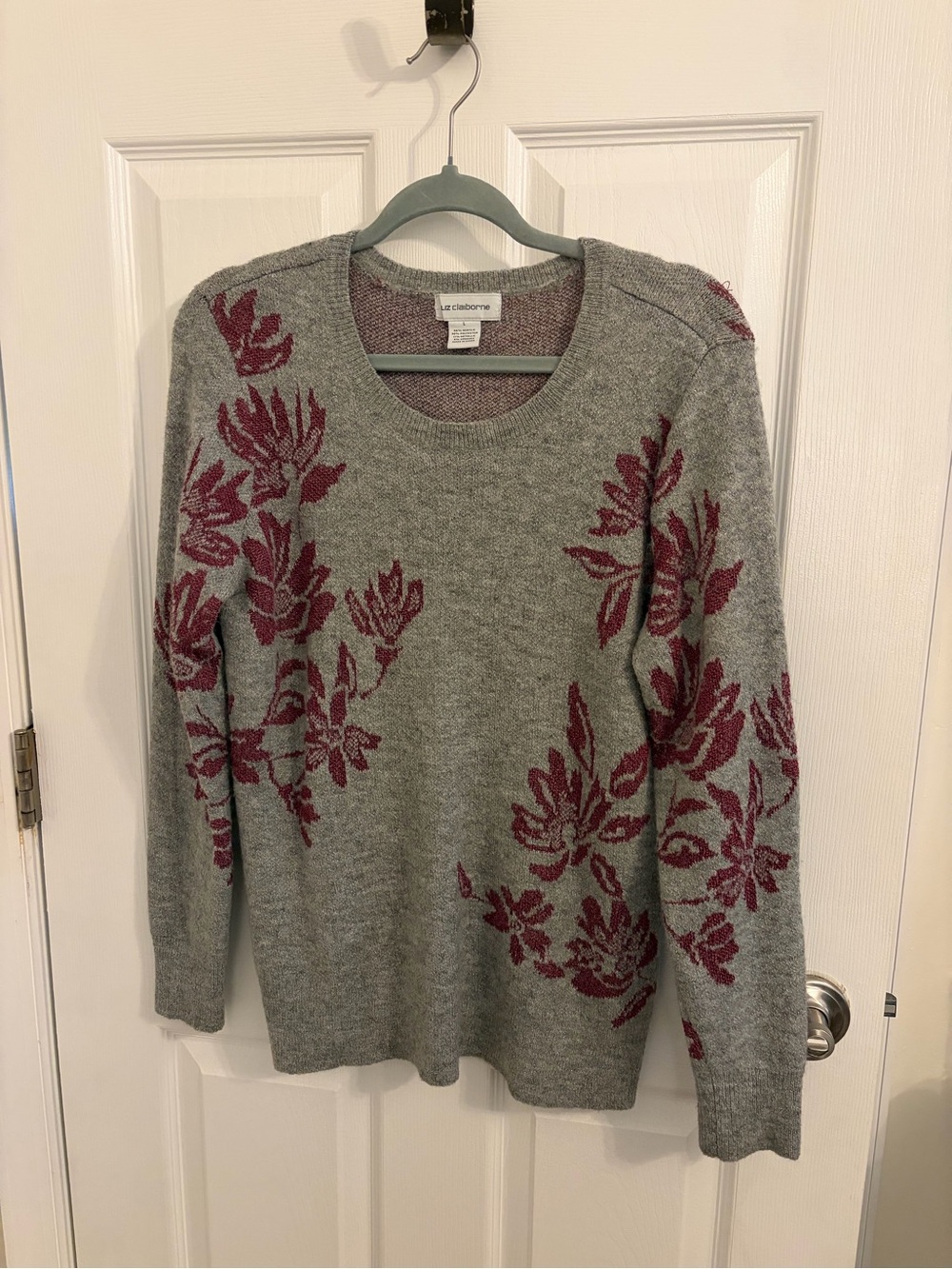 Liz Claiborne Gray Crewneck Sweater with Sparkly Purple Floral Detail